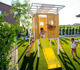 Forest | Modern Wooden Swing Set with Playhouse, Slide and Rock Wall