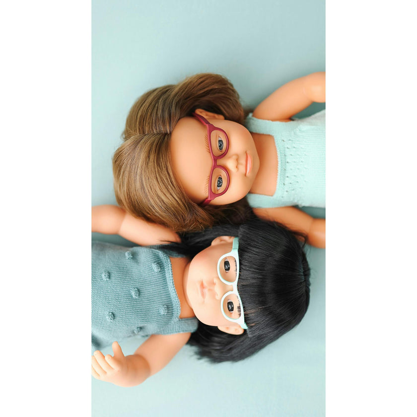 Colourful Edition Collection - Baby Doll Caucasian Girl with Down Syndrome with Glasses 15'' (turquoise rompers)