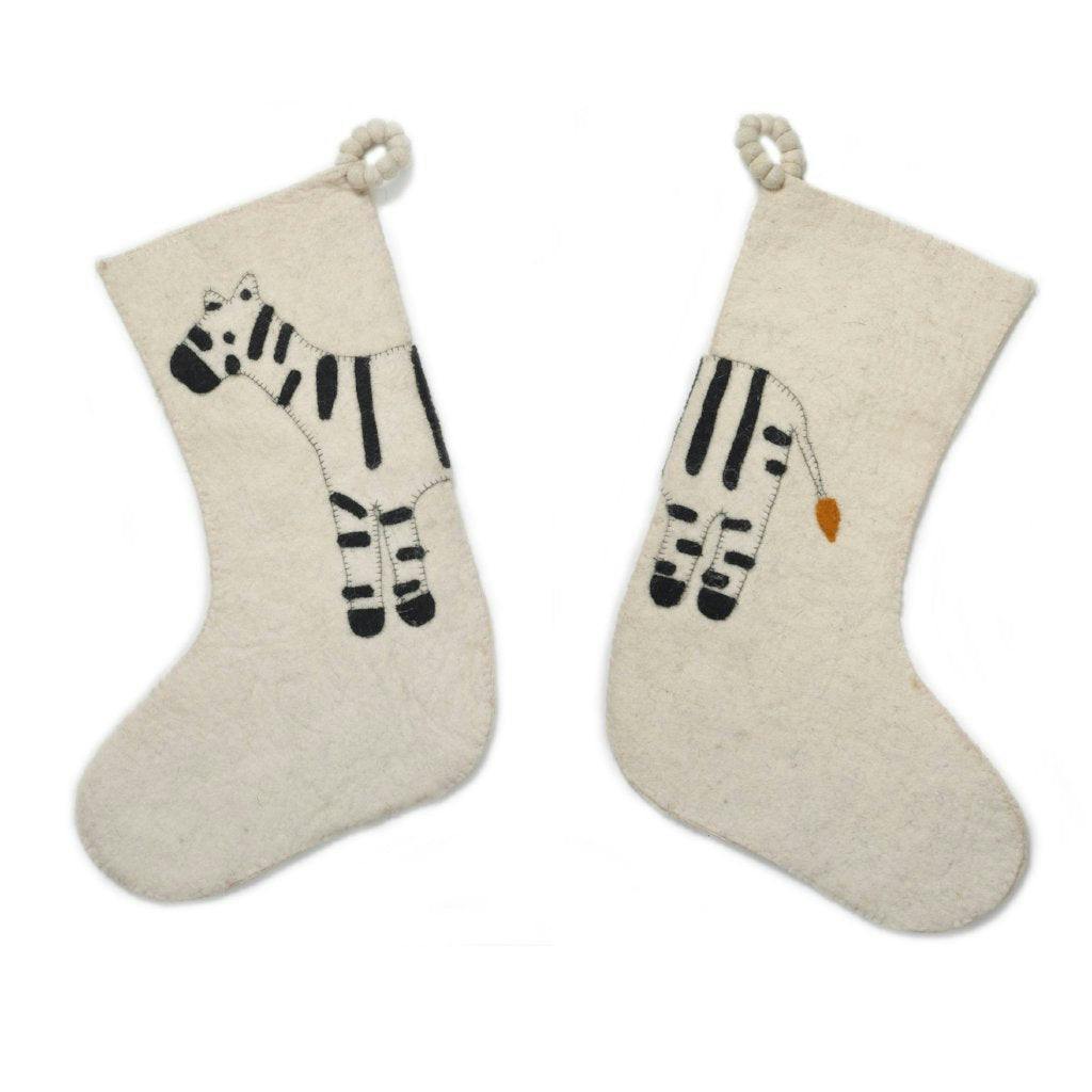 Zebra Double Sided Cream Hand Felted Wool Kids Christmas Stocking Cream
