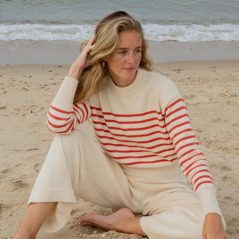 Women's Cream And Red Stripe Cropped Sweater
