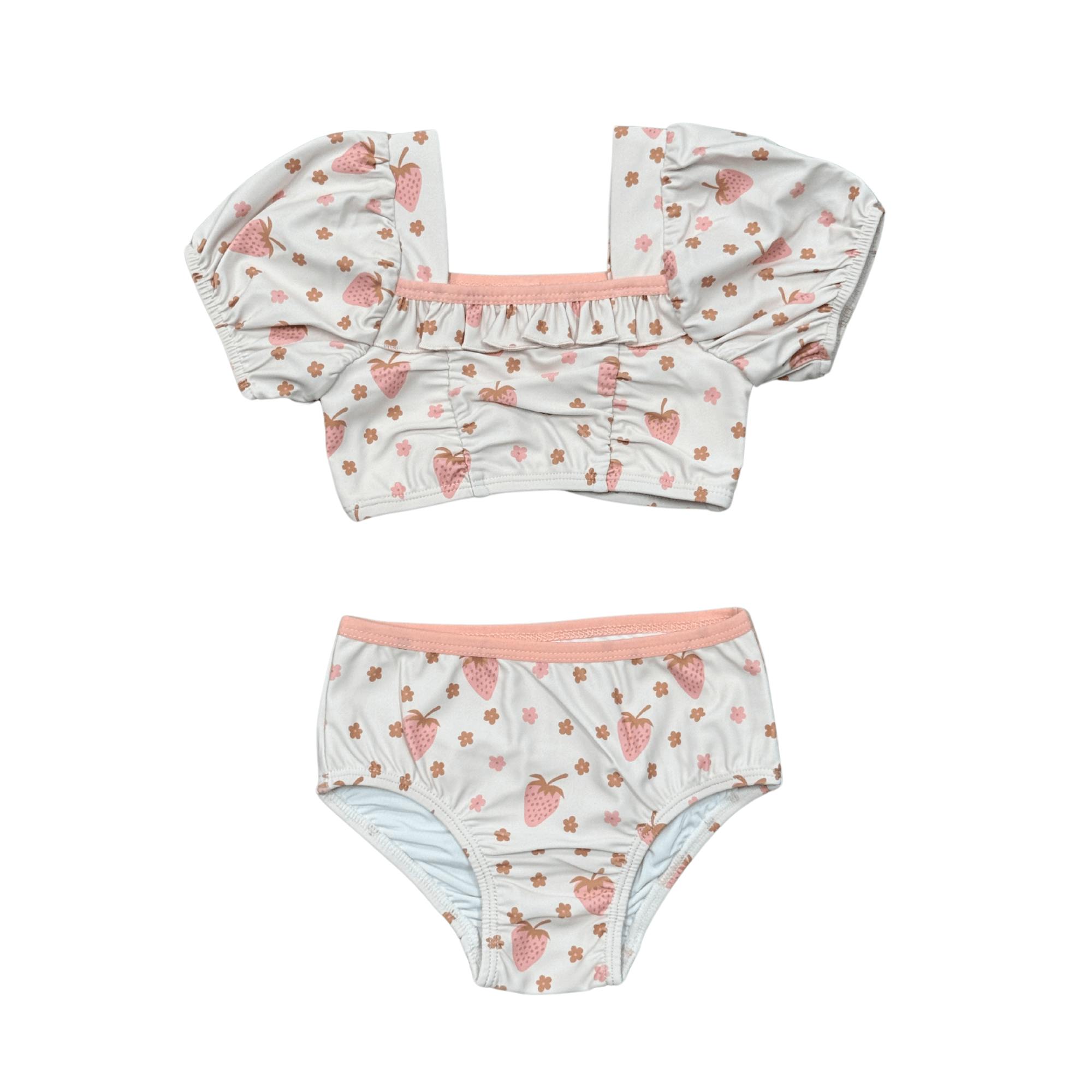 Girls Puff Sleeve Two-Piece Swimsuit in Strawberries