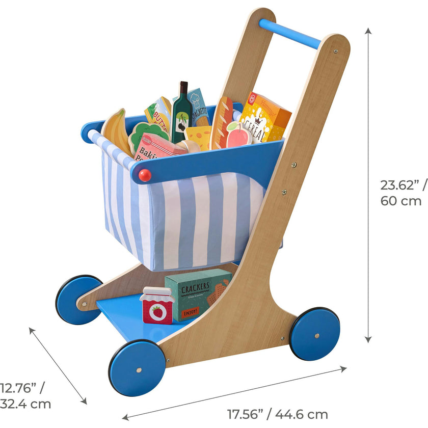 Teamson Kids Little Helper Mr. Fresh Wooden Shopping Cart with 13 Grocery Accessories