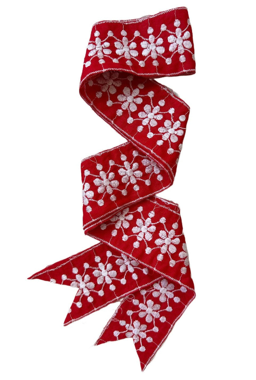 Hollyhock Sun Hat - Vintage Red and White Embroidered Ribbon