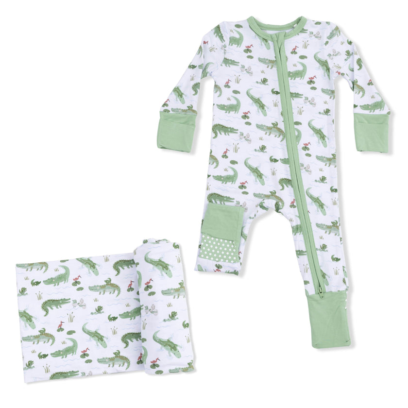 Crayon Alligators - Convertible Romper & Swaddle Blanket Set