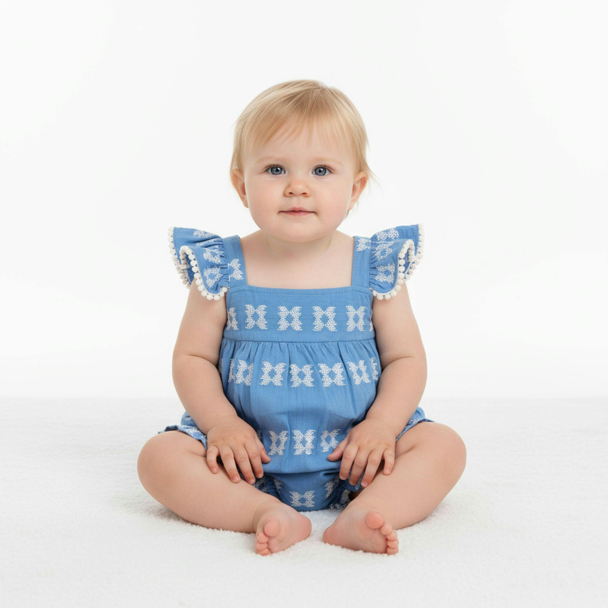 Chloe baby romper sky white embroidery, Sky Blue