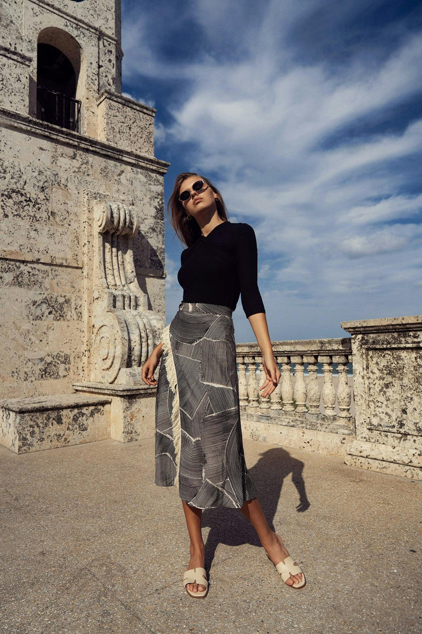 FAUX WRAP FRINGE SKIRT