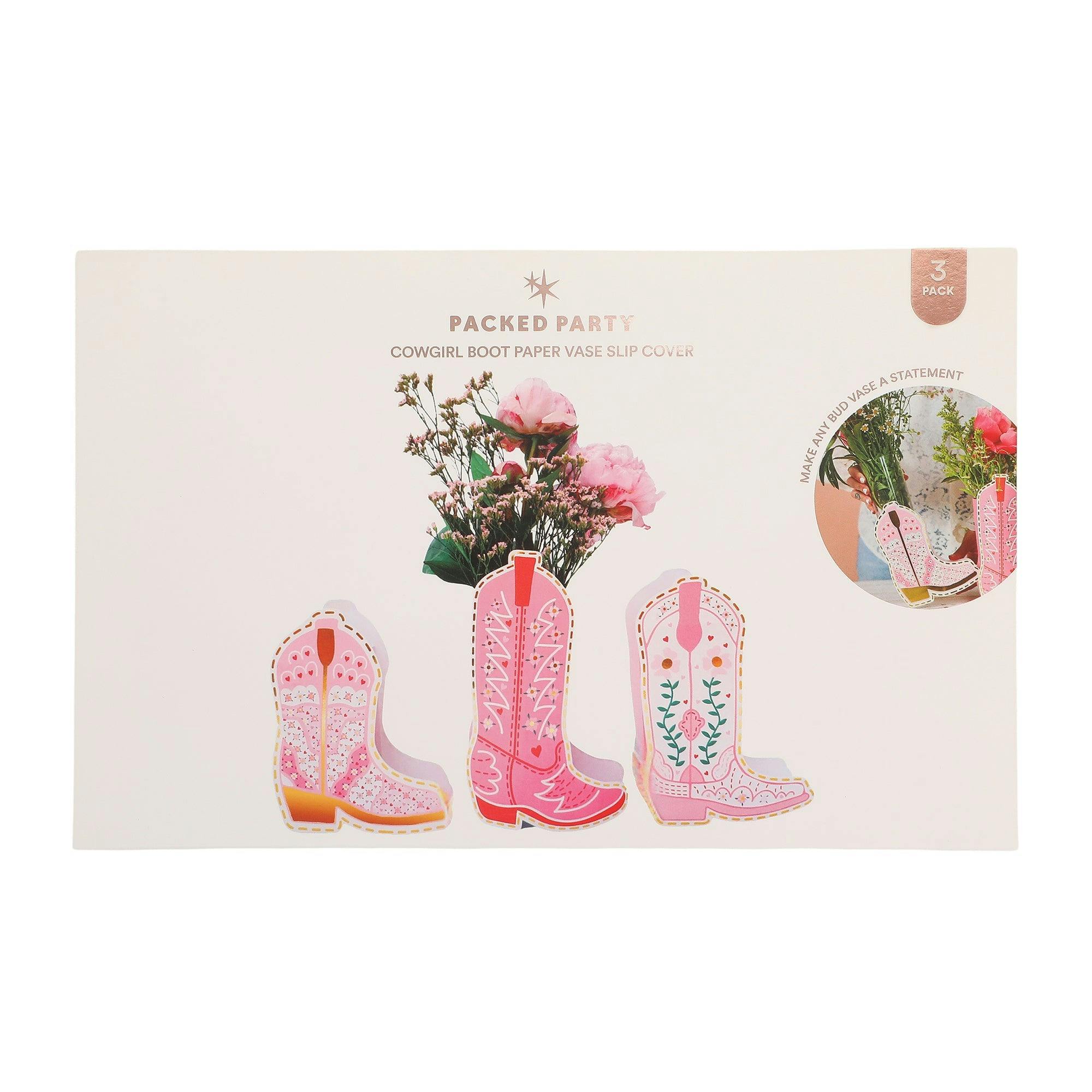 Packed Party Boot Scoot Blooms Cowboy Boot Pop-Up Vase Slip Covers Set of 3 - Multi-Size Pink Boot-Shaped Die-Cut Paper Vase Sleeves for Western Tables