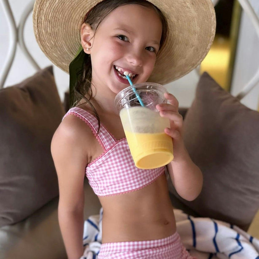 Zinnia Sun Hat for Little Girls (Age 4-10) - Long Pastel Pink Grosgrain Ribbon