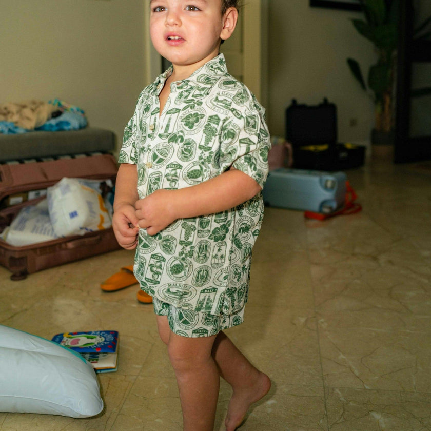 The Passport to Paradise - Boys Linen Passport Stamp Hawaiian Short
