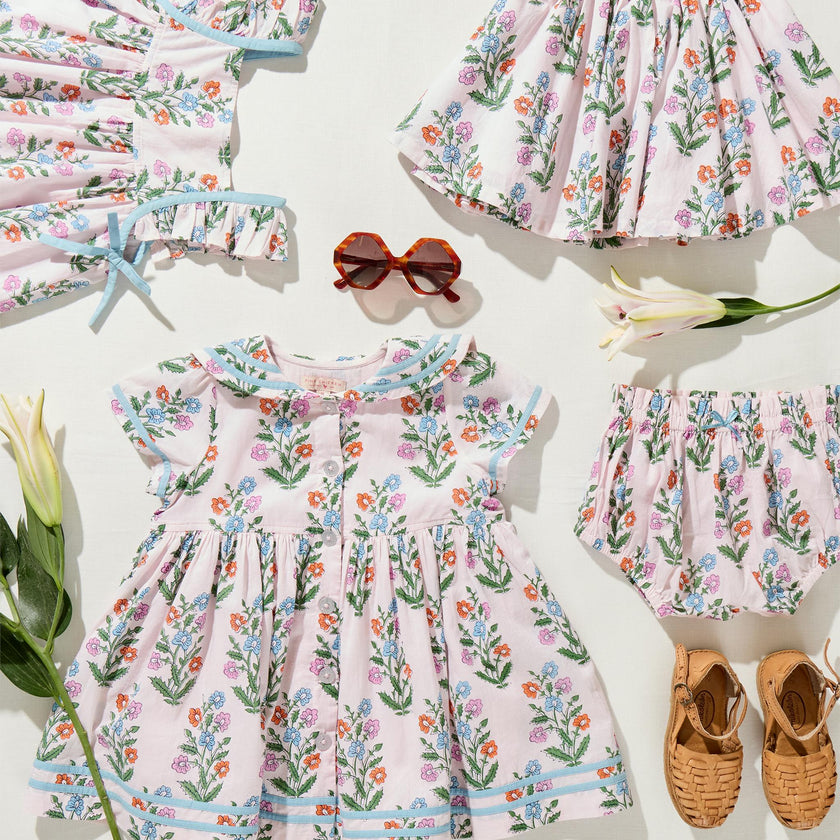 Girls Elowen Dress - Pink Dewdrop Block Print