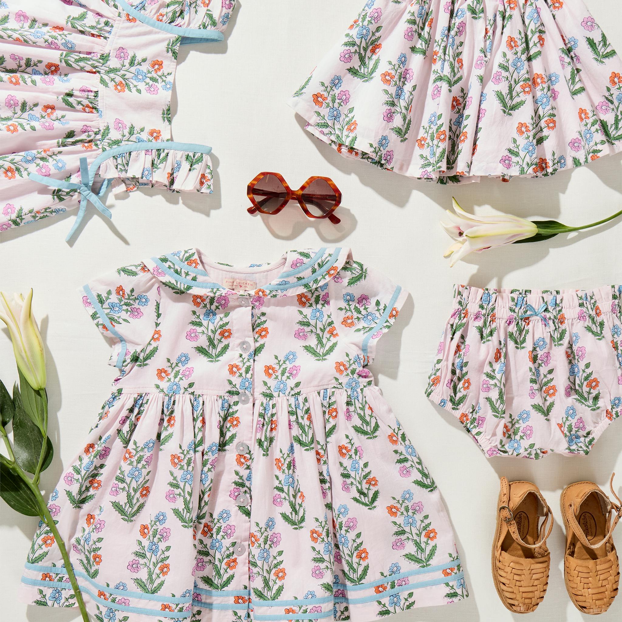 Girls Elowen Dress - Pink Dewdrop Block Print