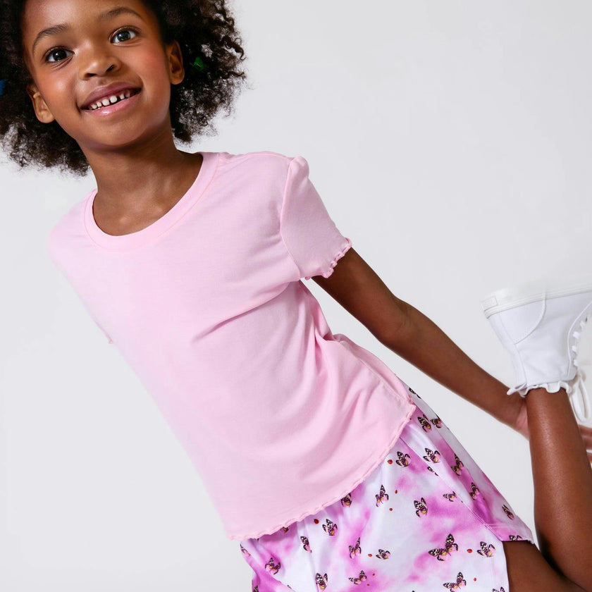 Girls Short Sleeve Lettuce Edge Tee in Baby Pink