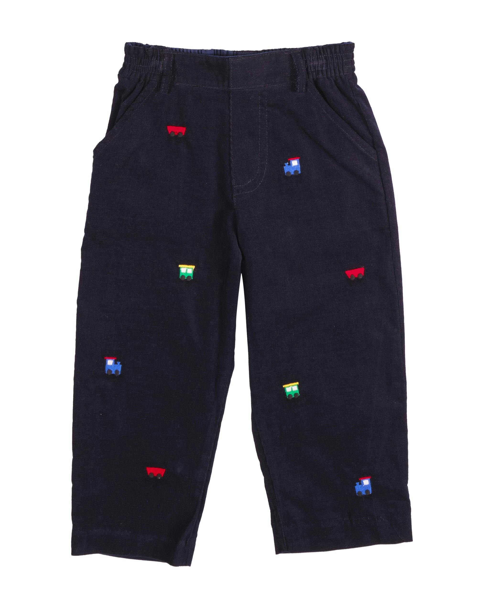 Corduroy Fake Fly Pants with Allover Embroidery