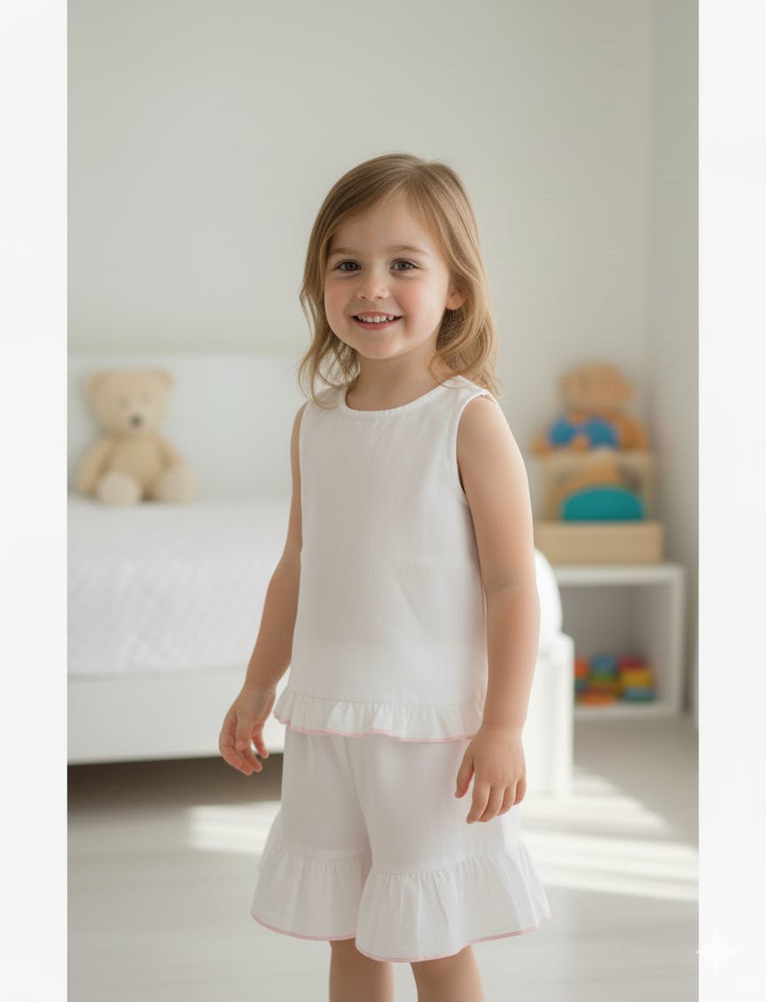Shorts and Top Set with Ruffle Dress White with Pink — Cotton Girls Co-Ord | Infant to Tween 0-13 Years