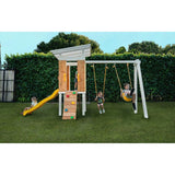 Forest | Modern Wooden Swing Set with Playhouse, Slide and Rock Wall