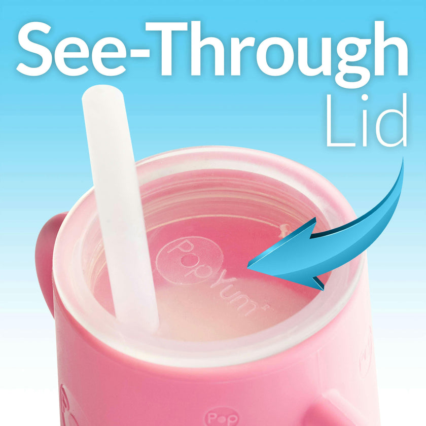 PopYum Silicone Training Cup with Straw Lid 2-Pack for Baby, Infant and Toddler, Tumbler, Sippy, handles, 5 ounce (blue, pink)