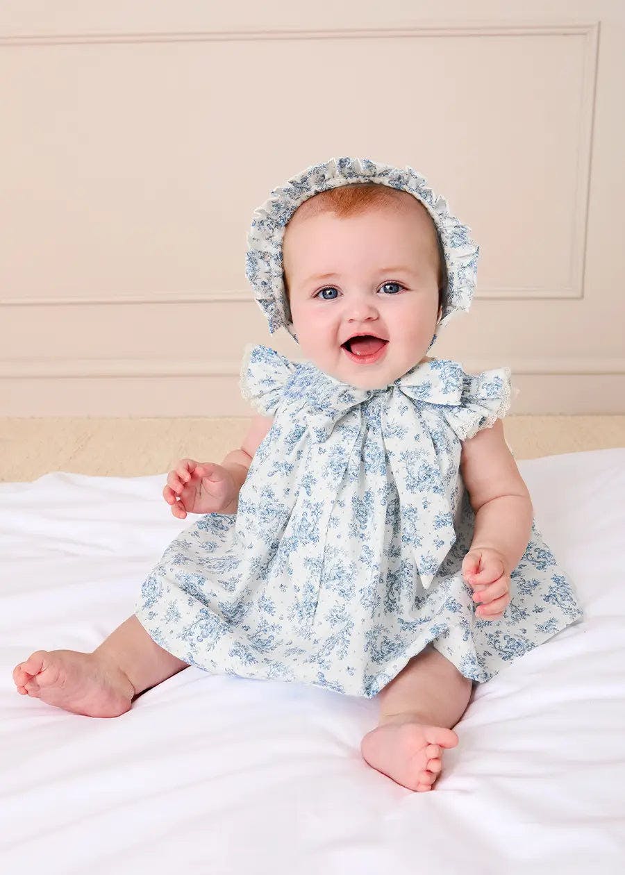 Audrey Toile Capped Sleeve Hand Smocked Dress with Bloomers in Blue (3-12mths)