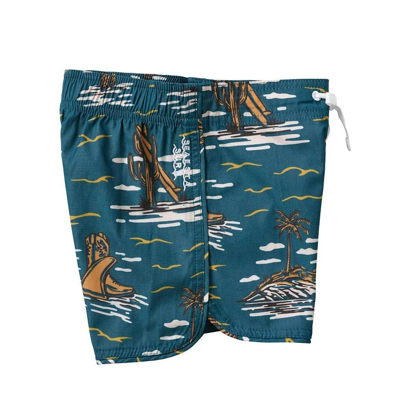 Seaesta Surf Boys Boardshorts – Scallop Retro Flare in Surfing Cowboy Bonanza Blue