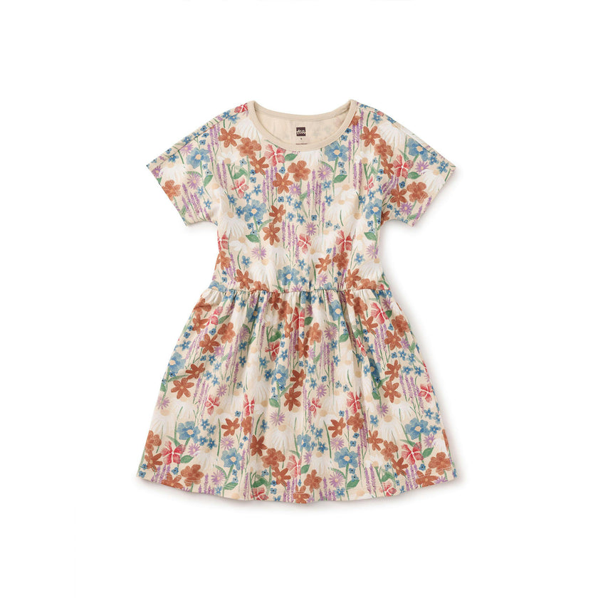 Short Sleeve Twirl Dress, Watercolor Wildflowers