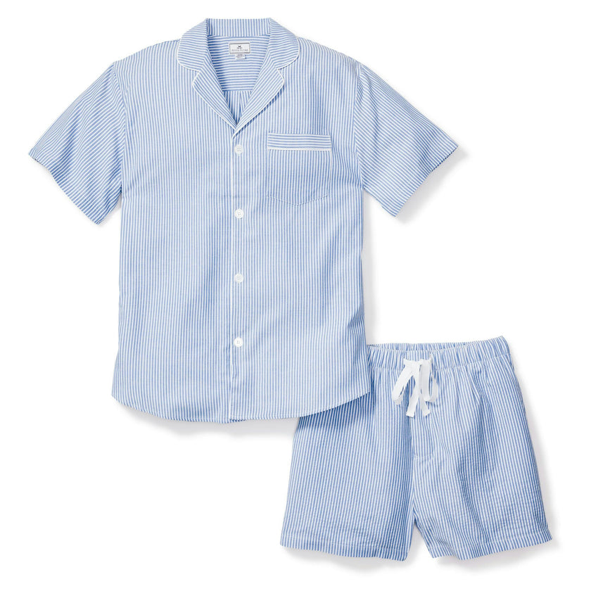 Men's Twill Pajama Short Set in French Blue Heritage Stripe