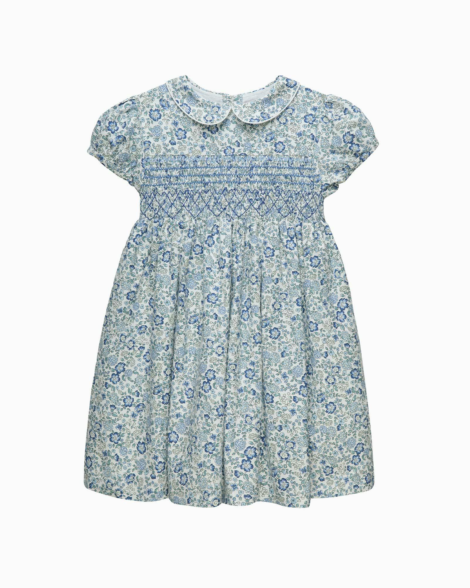 Arabella Floral Smocked Dress in Blue