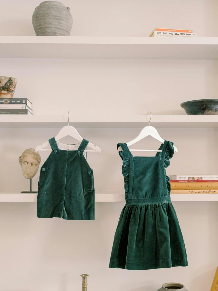 Dark Green Buganvilla Velvet Baby Dungarees