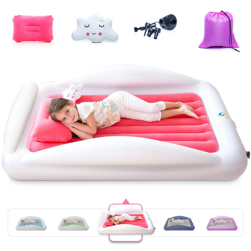 Sleepah Inflatable Toddler Travel Bed Portable Kids Air Mattress Set w Safety Bed Rail Guards for Kids & Toddlers – Set Includes Pump, Carry Case, Pillow