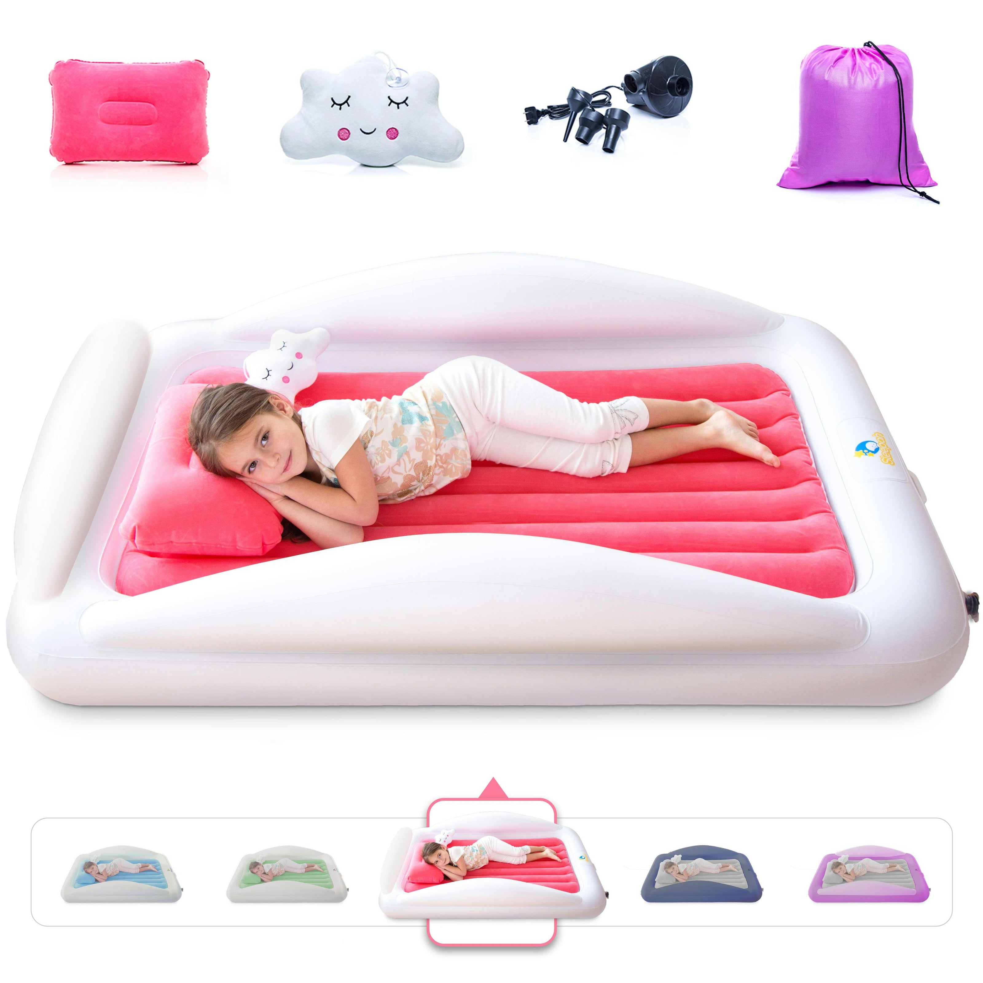 Sleepah Inflatable Toddler Travel Bed Portable Kids Air Mattress Set w Safety Bed Rail Guards for Kids & Toddlers – Set Includes Pump, Carry Case, Pillow