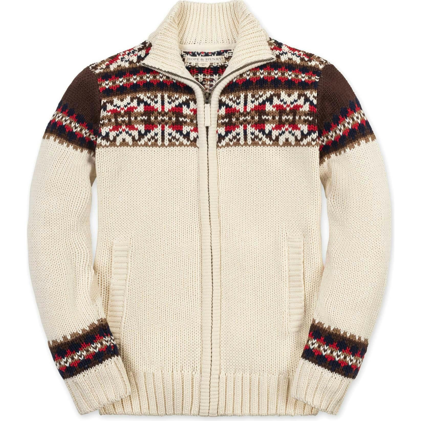 Organic Long Sleeve Full Zip Mock Neck Intarsia Sweater, Brown