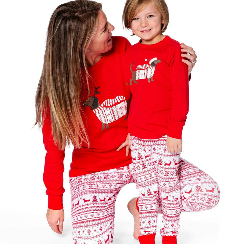 Adult Women Organic Cotton Two-Piece Pajamas Red and White Fairisle