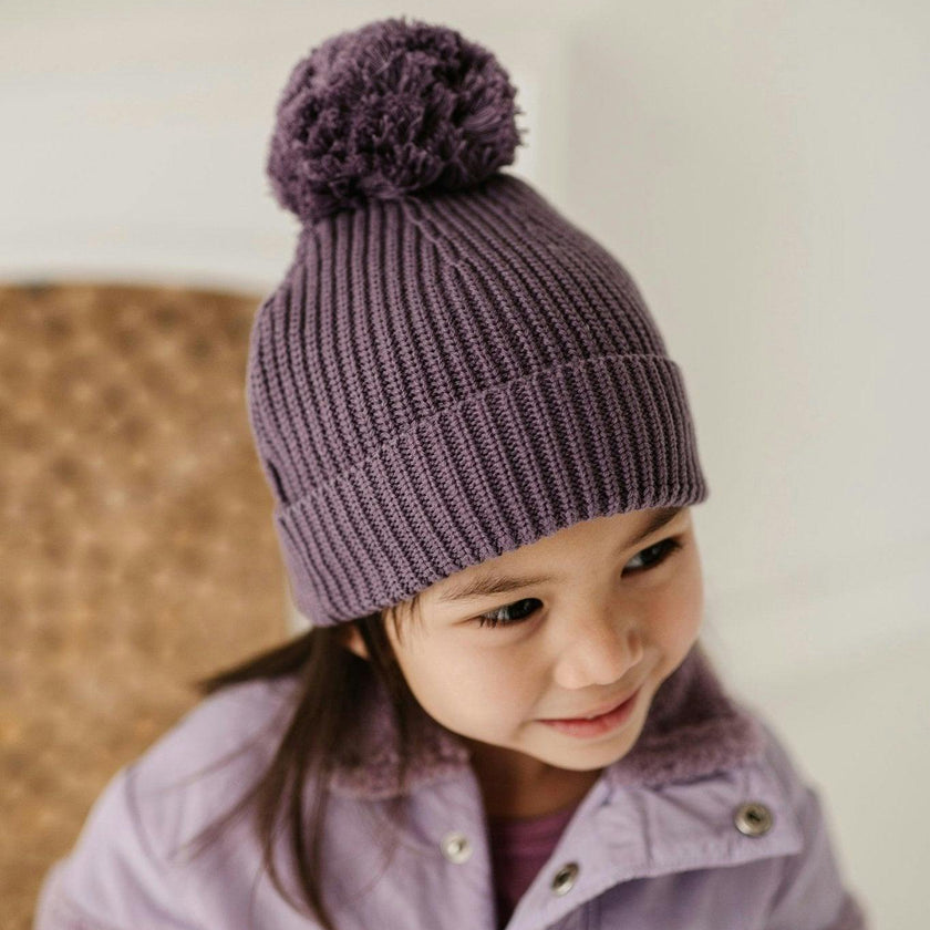 Knit Pom Hat in Plum