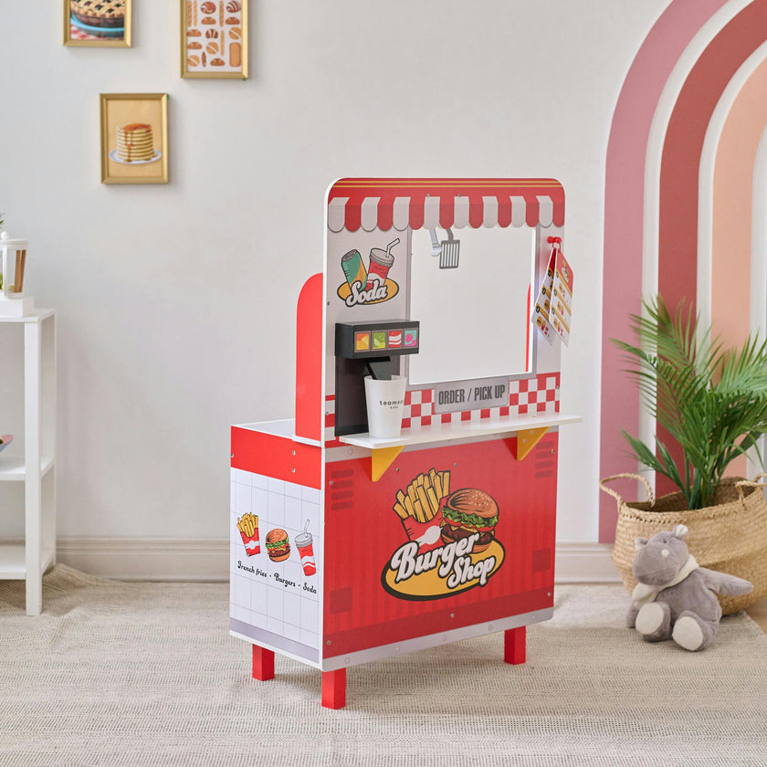 Teamson Kids Flip & Fry Wooden Burger Shop with 29 Pcs Accessories