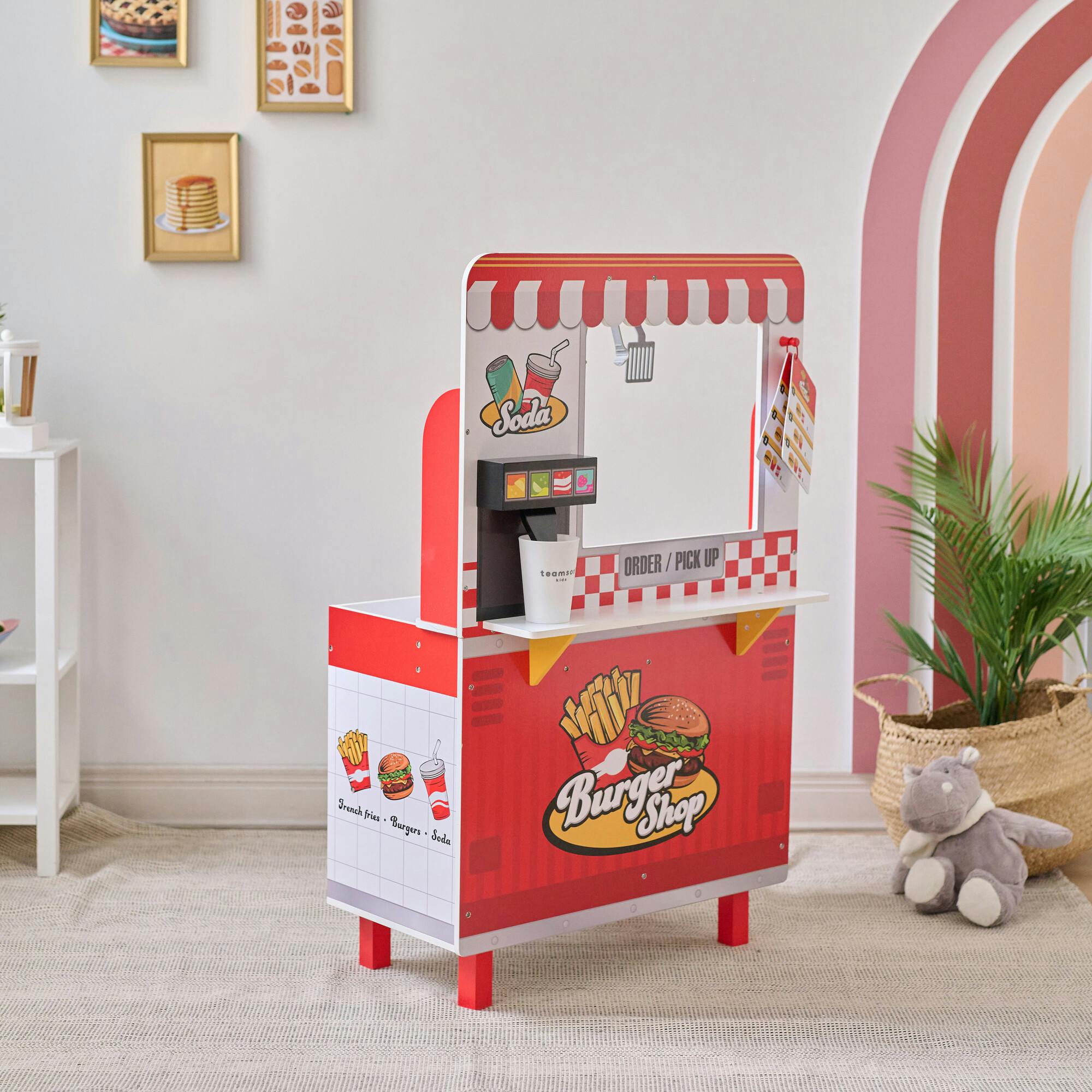 Teamson Kids Flip & Fry Wooden Burger Shop with 29 Pcs Accessories