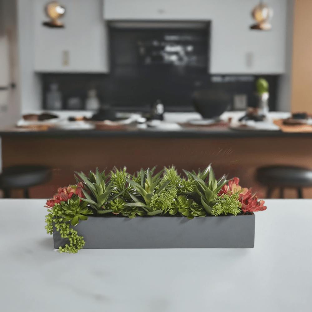 Rectangular Artificial Succulent Arrangement, Gray Planter