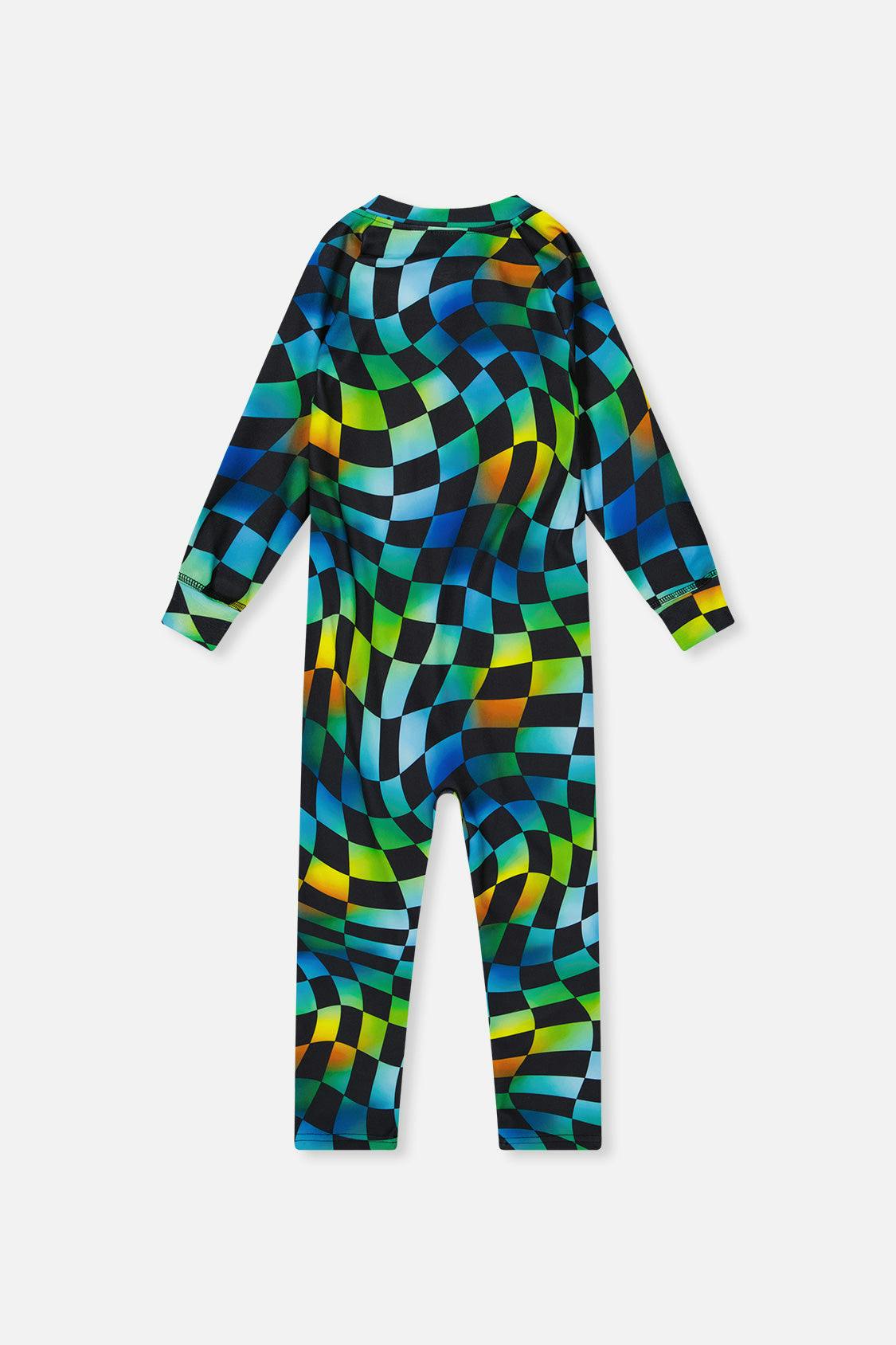One Piece Thermal Underwear Blue Checkered Print