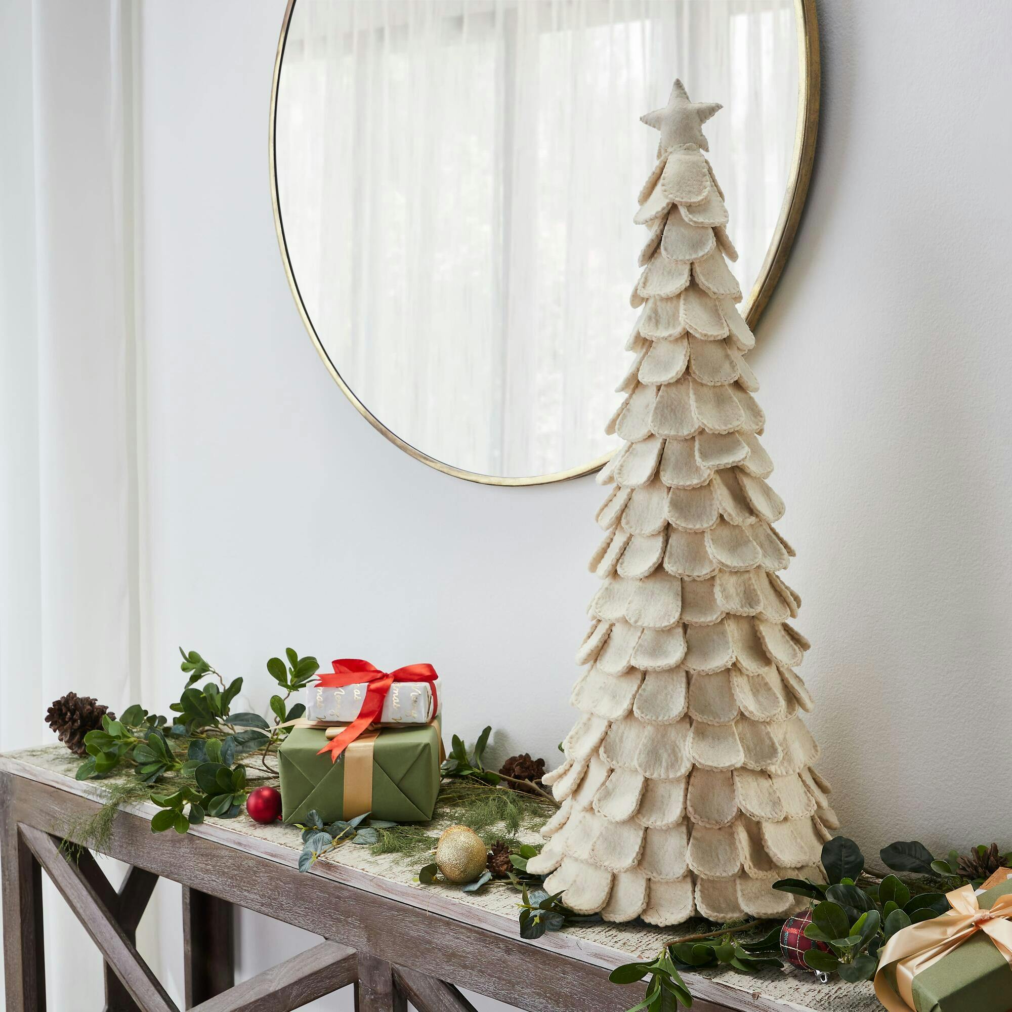 Pair of Handmade Cream Tabletop Christmas Trees Hand Felted Wool- XL- 26