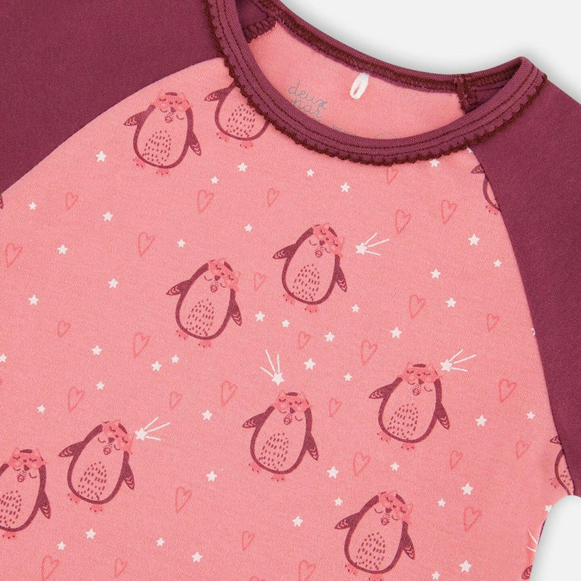 Organic Cotton Long Sleeve Two Piece Printed Penguins Pajama Set Pink