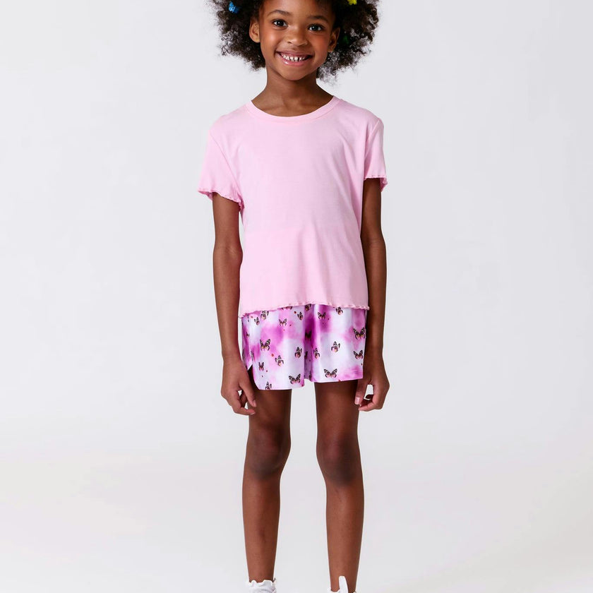Girls Short Sleeve Lettuce Edge Tee in Baby Pink