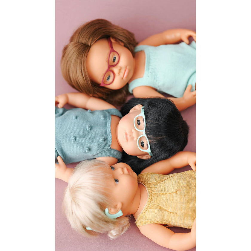 Colourful Edition Collection - Baby Doll Caucasian Girl with Down Syndrome with Glasses 15'' (turquoise rompers)