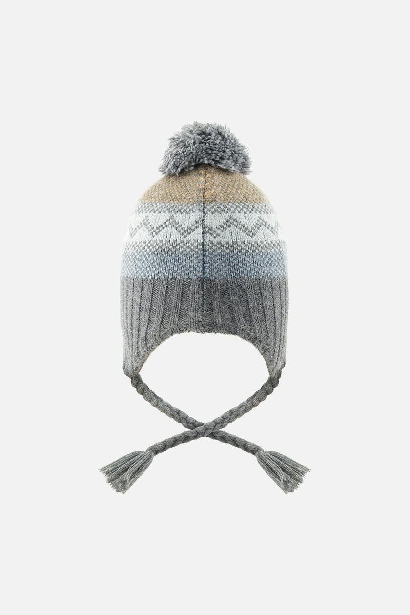 Winter Peruvian Knit Hat with Pompom Grey and Blue Fair Isle