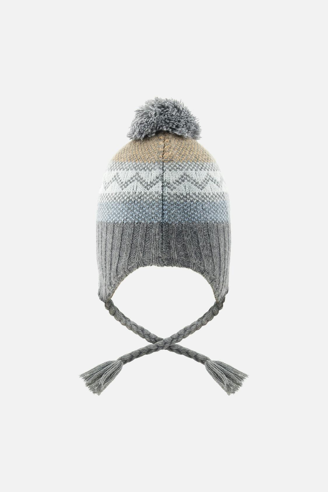 Winter Peruvian Knit Hat with Pompom Grey and Blue Fair Isle