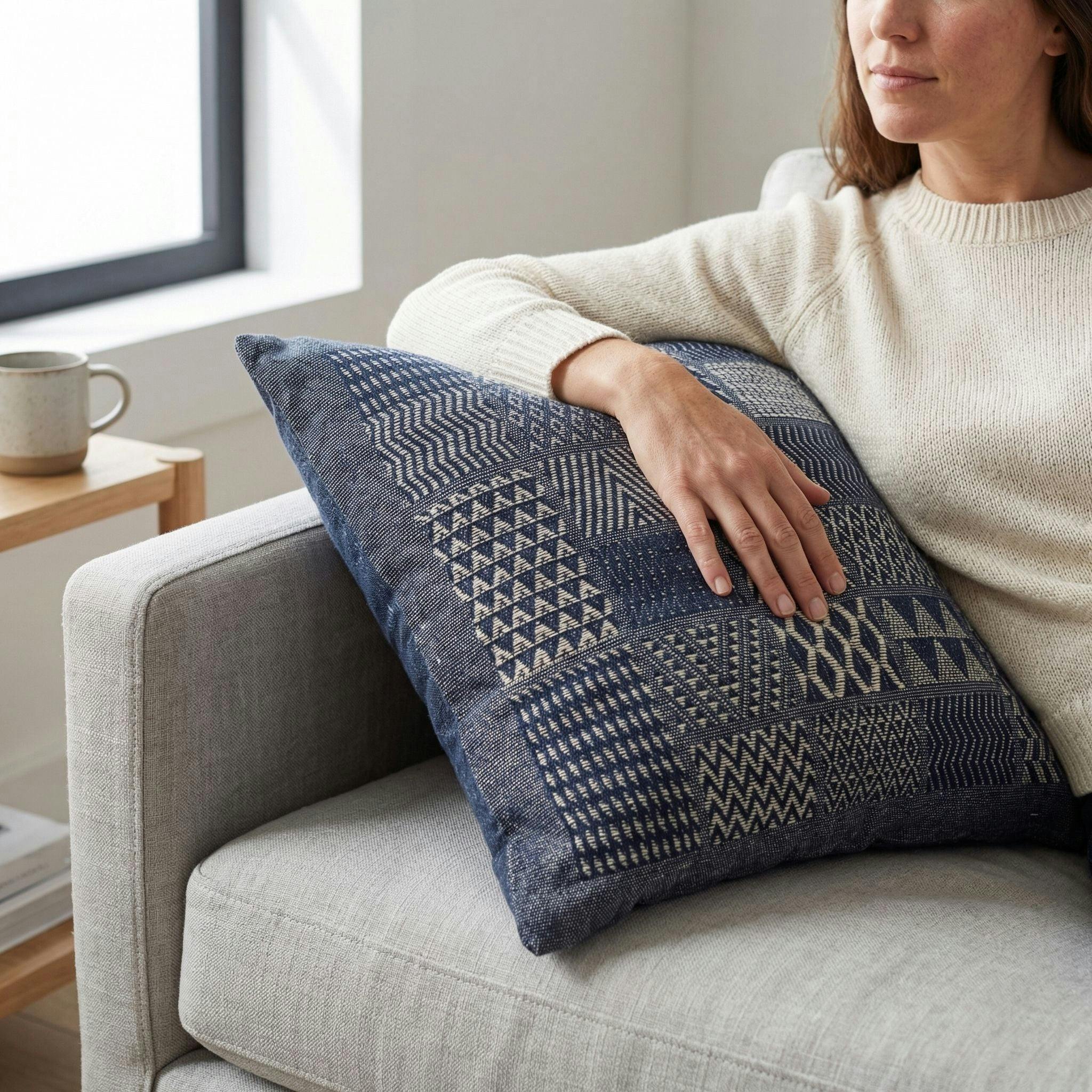 Artisan Hand Loomed Cotton Square Pillow - Indigo Blocks - 24