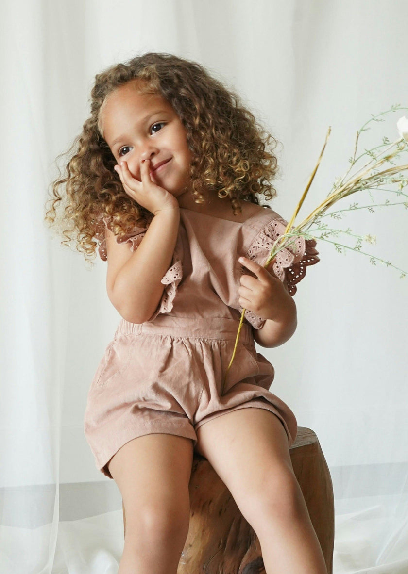 Lili | Corduroy Anglaise Romper | Café Au Lait