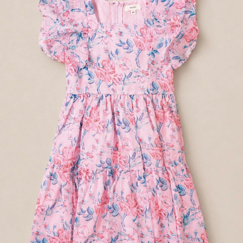 Mini Trixie Dress in Pink Sketched Flower Chiffon
