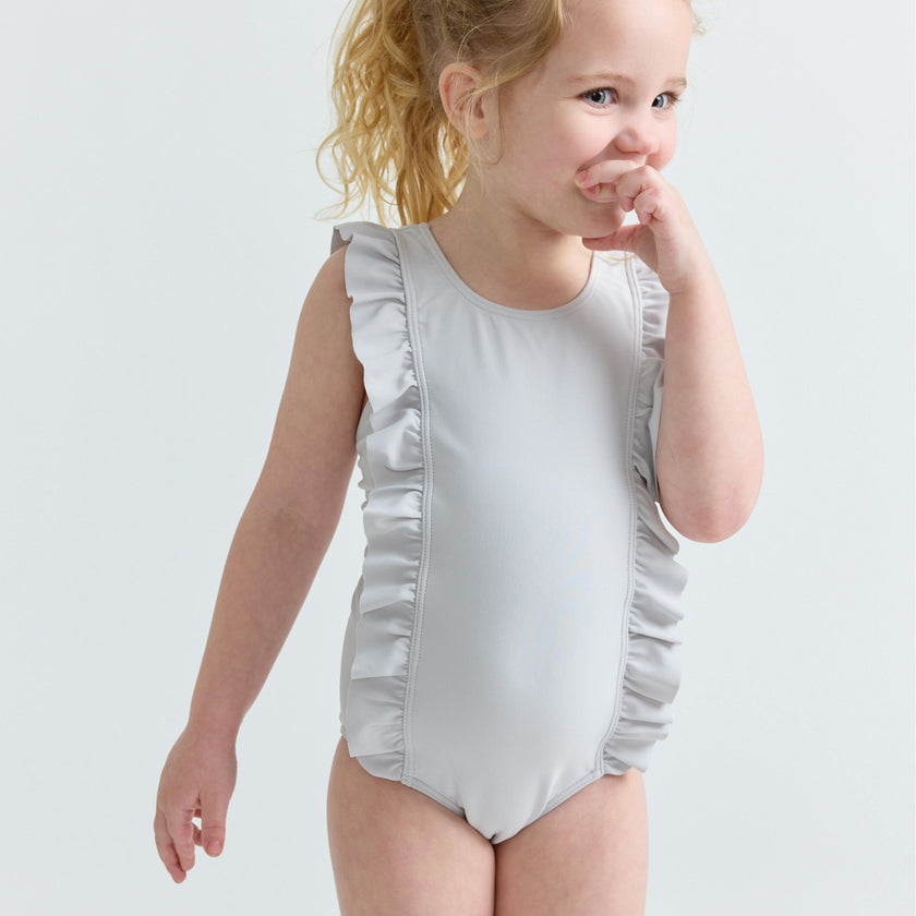 girls dove grey ruffle one piece