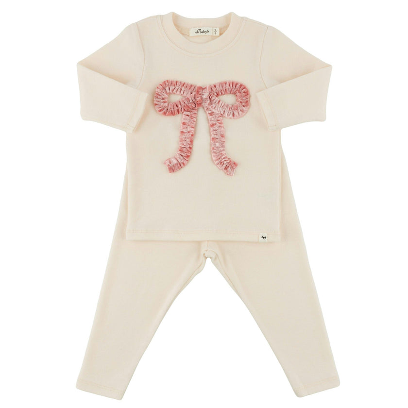 Pink Velvet Ruffle Bow Baby Rib 2pc Set