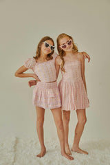 Gemma Pastel Pink With Pink Lace Heart Lurex Smocked Ruffle Mini Skirt