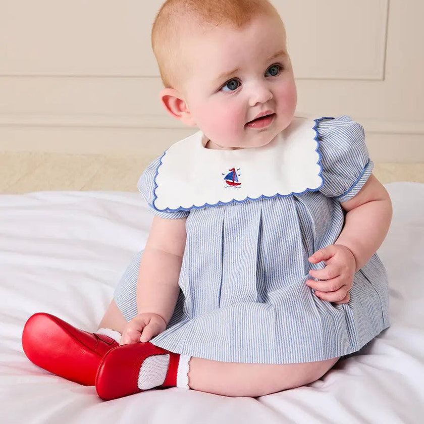 Alexander Stripe Mariner Collar Embroidered Boat Detail Dress with Bloomers in Blue (6mths-3yrs)