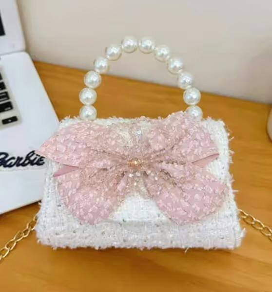 Chelsea Tweed Purse Pink Big Bow - White