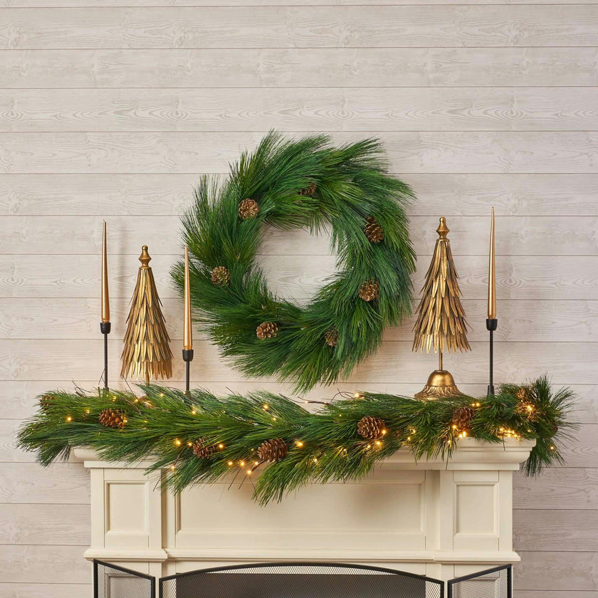 Deluxe Long Needle Pine & Pinecone Faux Winter Greenery Front Door Mantel Wreath